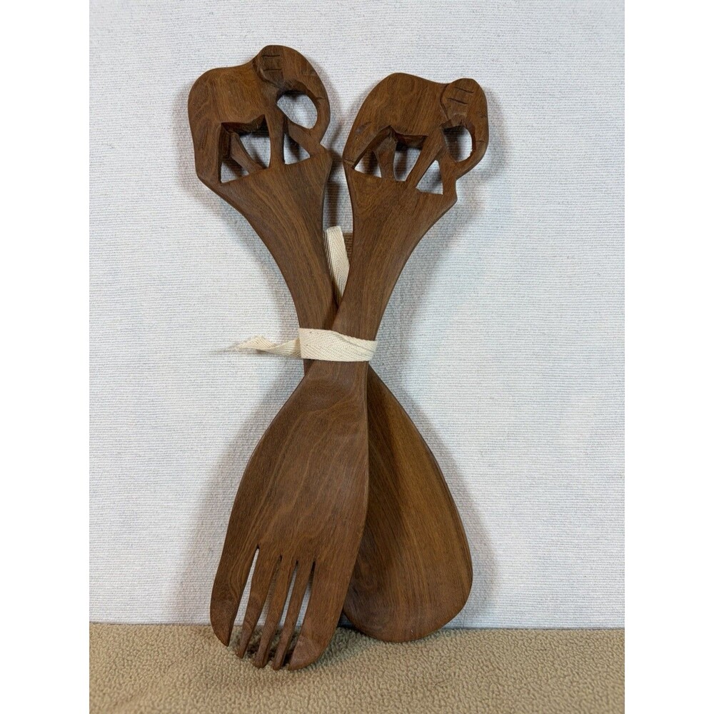 Hand-Carved Kenyan Wooden Elephant Salad Servers Set (Serving Fork & Spoon)